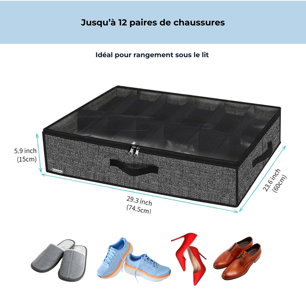 Gain de place sous lit – Rangement chaussures 12 paires avec housse