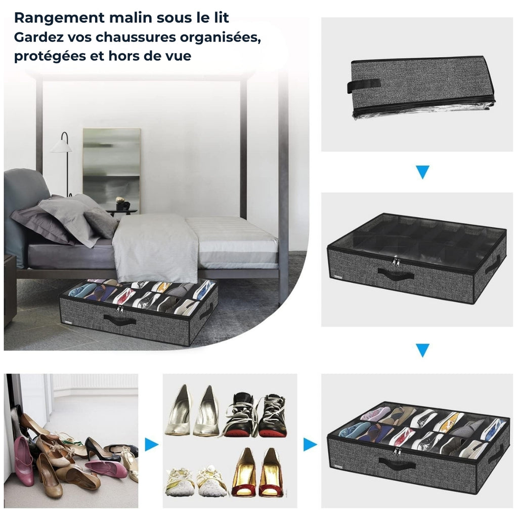 Gain de place sous lit – Rangement chaussures 12 paires avec housse