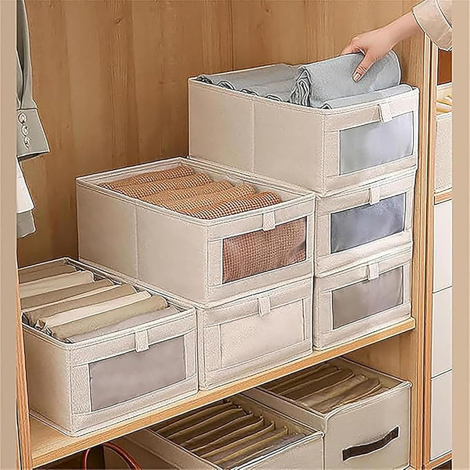 Rangement armoire vêtements – Lot de 2 bacs  empilables & pliables