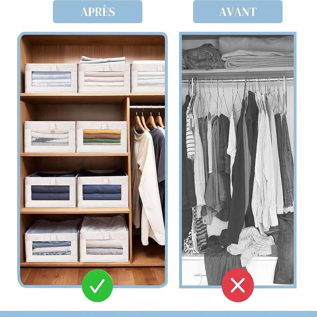 Rangement armoire vêtements – Lot de 2 bacs  empilables & pliables